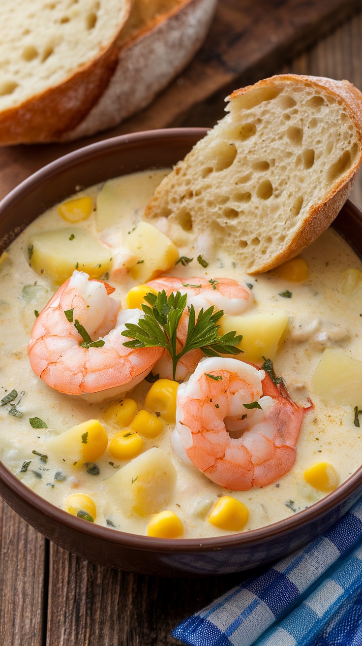 A bowl of creamy shrimp and corn chowder with shrimp and corn, garnished with parsley, on a wooden table with bread.